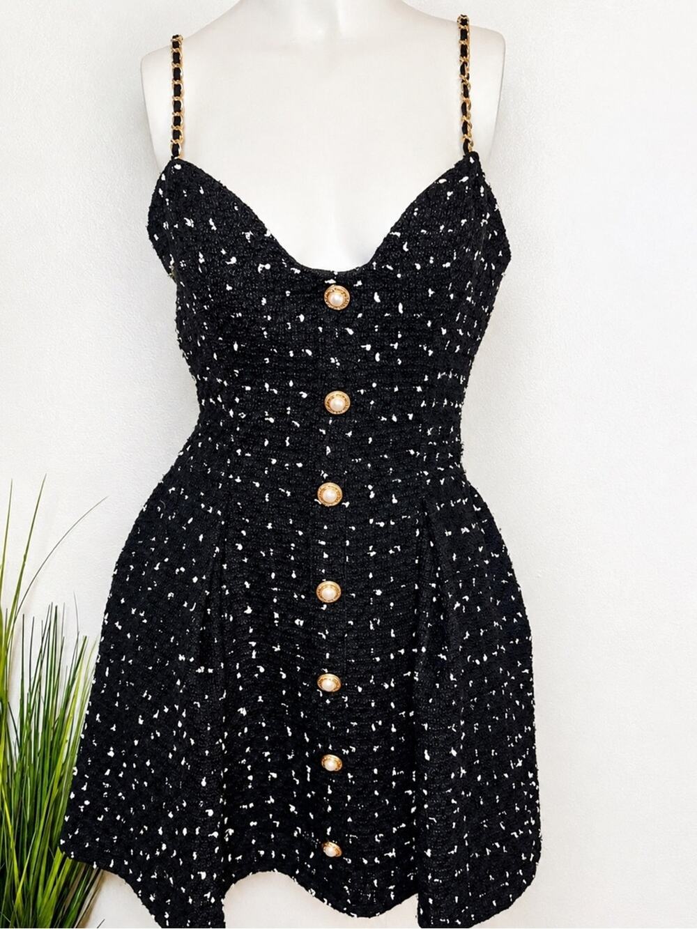 VICI Black Tweed Gold Chain Strap Fit & Flare Mini Dress XS